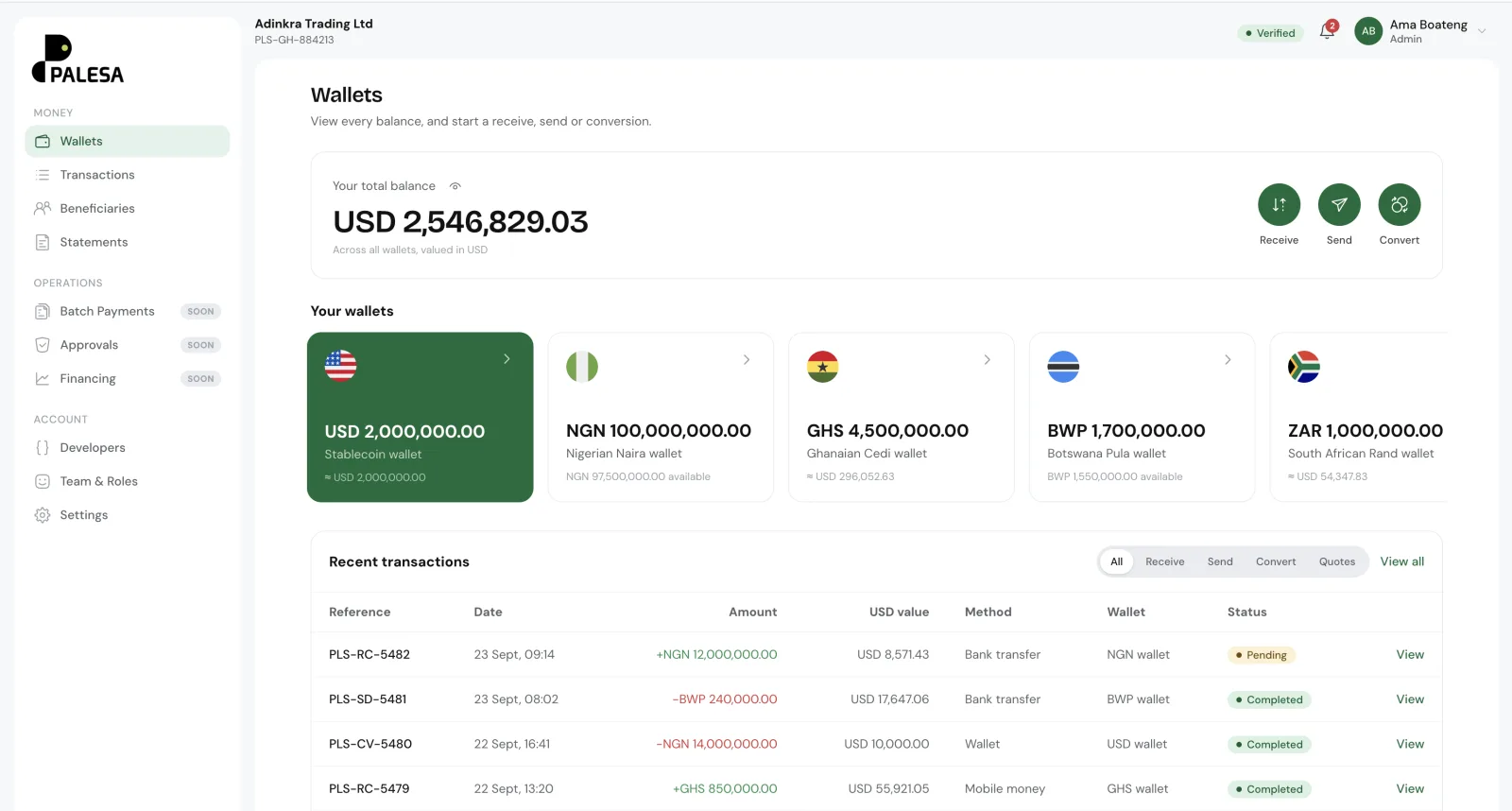 The PALESA Business dashboard: a balance for every currency, with the latest payments underneath.